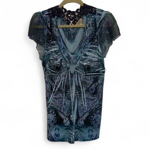 Y2K One World Blue Cyber Emo Whimsy Short Sleeve Blouse